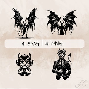 May include: Four black and white illustrations of devils. The first two are of a devil with wings and a tail. The third is a cartoon devil with a tail and horns. The fourth is a devil in a suit with a tail and horns.