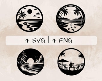 Beach Scene SVG bundle, Beach and Footprints PNG, Beach and Sunset Clipart, Hand drawn Beach Scene pictures for print and engraving