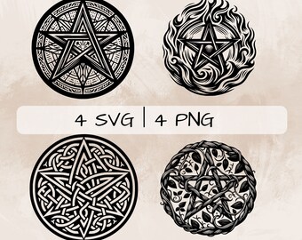 Pentagram SVG bundle, Wiccan Pentacle PNG, Pentagram and Fire Clipart, Hand drawn Pentagram pictures for print and engraving