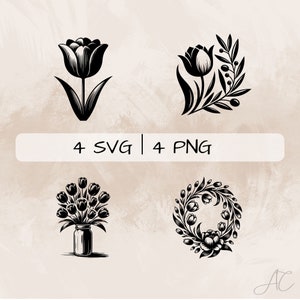 Tulip SVG bundle, Tulip wreath PNG, Tulip in vase Clipart, Hand drawn Tulip pictures for print and engraving