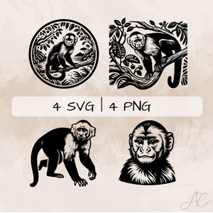 May include: Four black and white illustrations of capuchin monkeys. One image shows a monkey sitting on a branch in a circle with leaves. Another image shows a monkey sitting on a branch with leaves. The last two images show a monkey's head and a monkey walking.