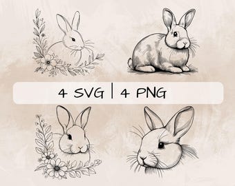 Floral Rabbit SVG Bundle: Hand-Drawn Bunny Clipart (Digital Download)