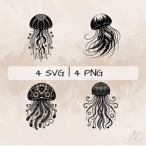 Boho Jellyfish SVG bundle, Jellyfish with pattern PNG, Floral Jellyfish  Clipart, Hand drawn Jellyfish pictures for print and engraving