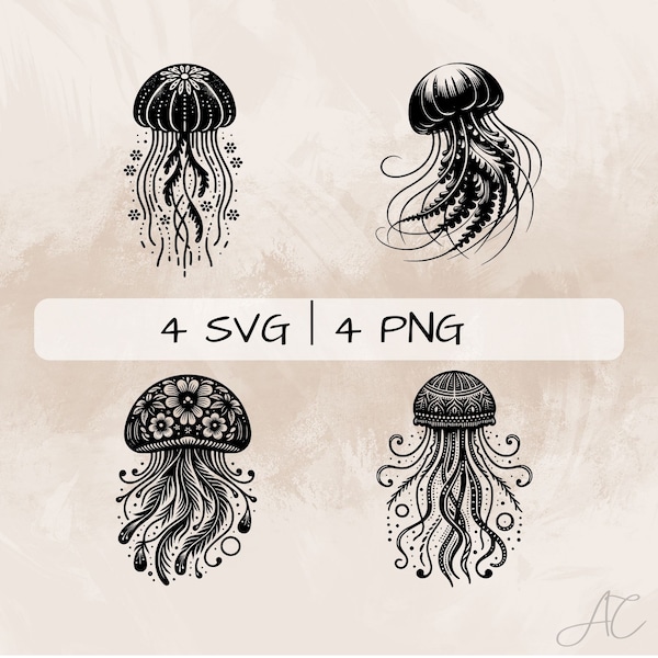 Boho Jellyfish SVG bundle, Jellyfish with pattern PNG, Floral Jellyfish  Clipart, Hand drawn Jellyfish pictures for print and engraving