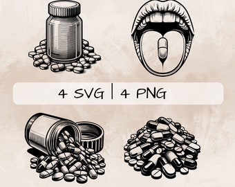 Pills SVG bundle, Pill and Tongue  PNG, Pill Box Clipart, Hand drawn Pills pictures for print and engraving