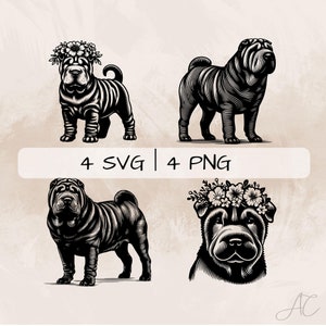 Shar Pei SVG Bundle, Shar-Pei PNG, Shar Pei Puppy Clipart, Hand drawn Shar Pei pictures for print and engraving