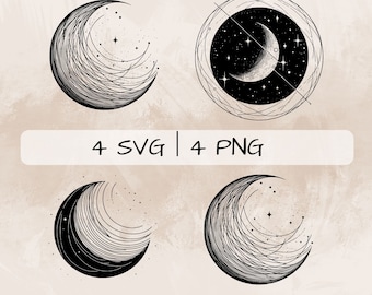 Paquete SVG de Luna Celestial, PNG de Luna, Imágenes Prediseñadas de Luna con Estrellas, Imágenes de Luna Celestial dibujadas a mano para imprimir y grabar
