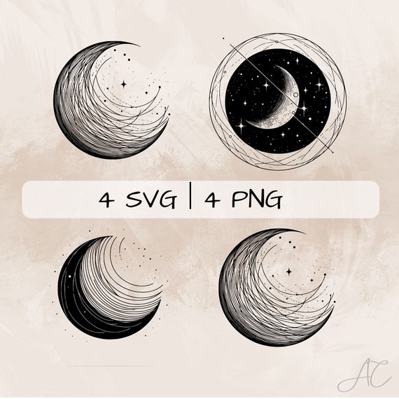 Celestial Moon SVG bundle, Moon PNG, Moon with Stars Clipart, Hand drawn Celestial Moon pictures for print and engraving