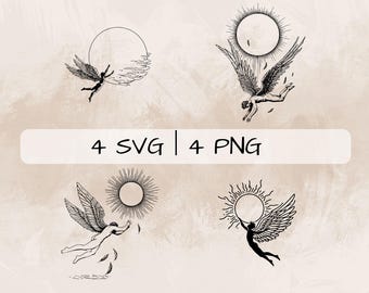 Icarus SVG-paket, Hybris PNG, grekisk mytologi Clipart, handritade Icarus-bilder för tryck och gravyr