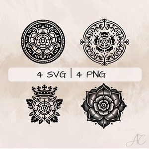Paquete Tudor Rose SVG, Tudor Rose Symbol PNG, Tudor Rose Clipart, imágenes de Tudor Rose dibujadas a mano para imprimir y grabar