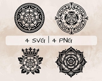 Tudor Rose SVG Bundle, Tudor Rose Symbol PNG, Tudor Rose Clipart, Hand drawn Tudor Rose pictures for print and engraving