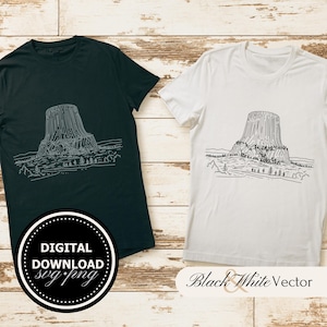 May include: Two t-shirts featuring a black and white line drawing of Devils Tower National Monument. The text "Digital Download svg/png" is on the left shirt and "Black & White Vector" is on the right shirt.