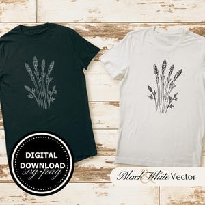 May include: Two t-shirts, one black and one white, each featuring a black and white asparagus graphic. The black t-shirt has a circular "DIGITAL DOWNLOAD svg.png" graphic. The white t-shirt has "Black & White Vector" text.