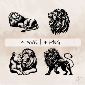 ライオン SVG バンドル、ライオンと雌ライオンの PNG、ライオンの咆哮のクリップアート、印刷と彫刻用の手描きのライオンの絵