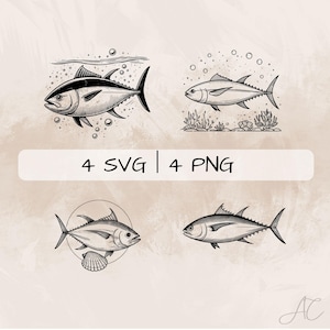 Delicate Tuna Fish SVG Bundle, Tuna Line Art PNG, Fish and Seashell Clipart, Hand drawn Tuna Fish pictures for print and engraving