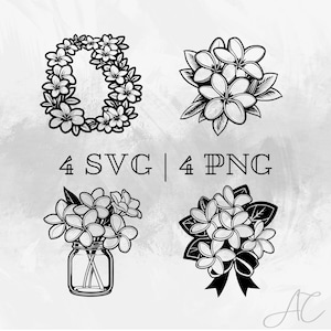 Plumeria SVG bundel, PNG, Hawaiiaanse bloemvector, plumeria krans clipart, Hand getrokken Plumeria-afbeeldingen voor afdrukken en graveren