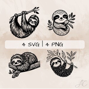 May include: Four black and white illustrations of sloths in various poses. One sloth hangs from a branch, another sits on a branch, and two sloths hang from branches with leaves.