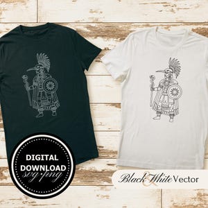 Könnte beinhalten: Zwei T-Shirts, eines in Schwarz und eines in Weiß, jeweils mit einer Schwarz-Weiß-Illustration einer Figur mit Vogelmaske, Stab und Schild. Das schwarze T-Shirt hat ein digitales Download-Logo. Das weiße T-Shirt hat den Text "Black & White Vector".