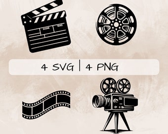 Paquete SVG de película, carrete de película PNG, imágenes prediseñadas de claqueta, imágenes de película dibujadas a mano para imprimir y grabar