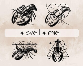 Lobster SVG Bundle, Lobster in Ocean PNG, Lobster and Heart Clipart, Hand drawn Lobster pictures for print and engraving