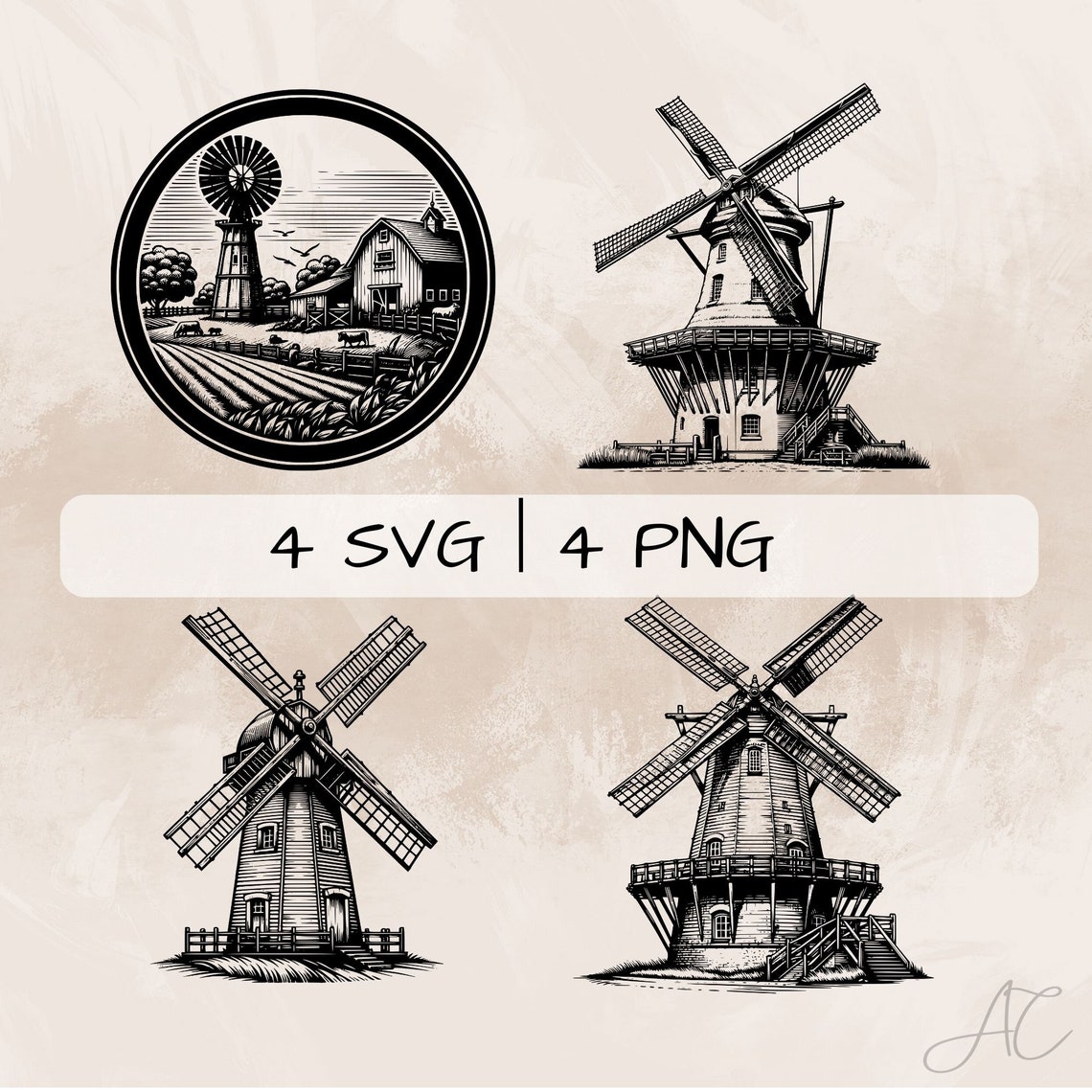 Windmill SVG Bundle, Dutch Windmill PNG, Farm Windmill Clipart, Hand ...