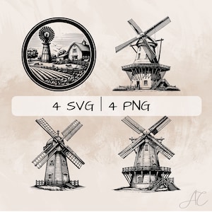 Windmühle SVG Bundle, Holländische Windmühle PNG, Bauernhof Windmühle Clipart, Handgezeichnete Windmühle Bilder zum drucken und gravieren