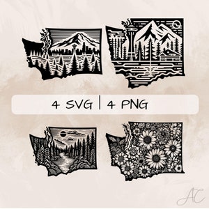 Washington SVG Bundle, Washington carte PNG, clipart État de Washington, images de carte de Washington dessinées à la main pour impression et gravure