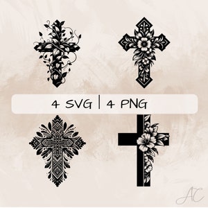 Cross SVG bundle, Floral Cross PNG, Cross with Flowers, Hand drawn Cross pictures for print and engraving