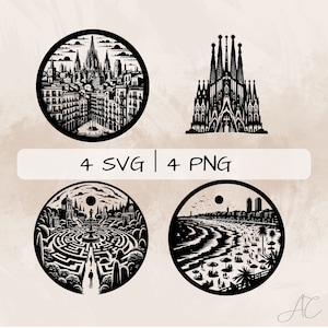 Paquete SVG de Barcelona, Sagrada Familia PNG, Horta Labyrinth Park Clipart, Imágenes de Barcelona dibujadas a mano para imprimir y grabar