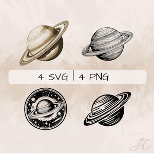 Op de afbeelding: Vier zwart-wit illustraties van Saturnus, een planeet met ringen. Twee illustraties tonen Saturnus met een sterrenhemel als achtergrond, en twee illustraties tonen Saturnus met een effen achtergrond. De tekst "4 SVG | 4 PNG" wordt onder de illustraties weergegeven.