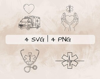 Paquete SVG de EMT, PNG de paramédico, imágenes prediseñadas médicas, imágenes médicas dibujadas a mano para imprimir y grabar