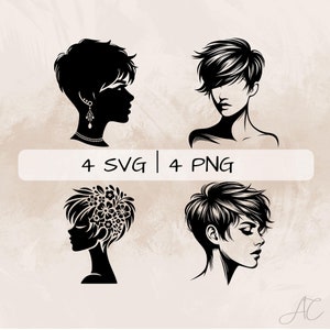 Puede incluir: Cuatro ilustraciones en silueta en blanco y negro de mujeres con cortes de pelo cortos. Las ilustraciones son de estilo simple y moderno. Las mujeres miran en diferentes direcciones.  4 SVG | 4 PNG