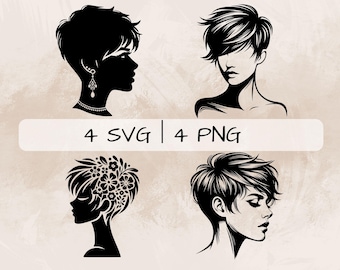 pixie cut SVG Bundle, pixie cut hairstyle PNG ,pixie cut hair Clipart, Hand drawn pixie cut pictures for print and engraving