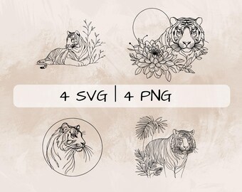 Delicate Tiger SVG Bundle, Tiger Line Art PNG, Floral Tiger Clipart, Hand drawn Tiger pictures for print and engraving