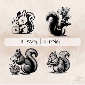 Squirrel SVG bundle, Squirrel with nuts PNG, Squirrel and coffee Clipart, Hand drawn Squirrel pictures for print and engraving