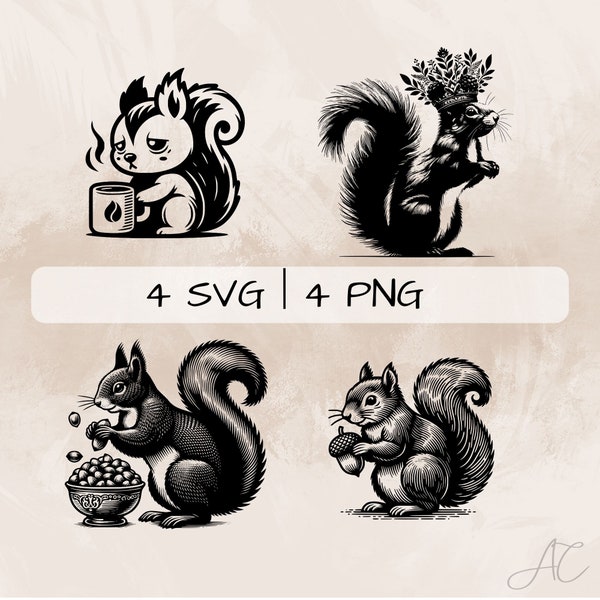 Paquete SVG de ardilla, Ardilla con nueces PNG, Clipart de ardilla y café, Imágenes de ardilla dibujadas a mano para imprimir y grabar