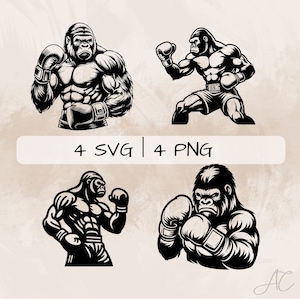 Puede incluir: Cuatro ilustraciones en blanco y negro de gorilas boxeando. Cada gorila lleva guantes de boxeo y pantalones cortos. El texto "BOXING" es visible en los pantalones cortos de uno de los gorilas.