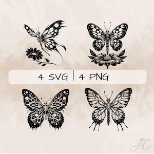 Butterfly Skeleton SVG Bundle, Butterfly PNG, Butterfly and Flower Clipart, Hand drawn Spooky Butterfly pictures for print and engraving