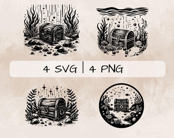 Treasure SVG Bundle, Sunken Treasure PNG , Treasure Chest Clipart, Hand drawn Treasure pictures for print and engraving