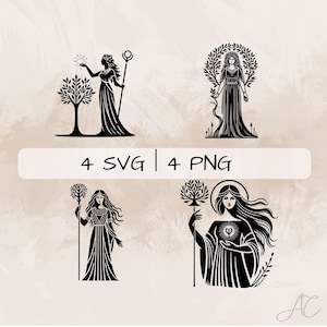 May include: Four black and white illustrations of women with long hair and flowing robes. Each woman is holding a staff with a tree or flower at the top. The text "4 SVG | 4 PNG" is at the bottom of the image.