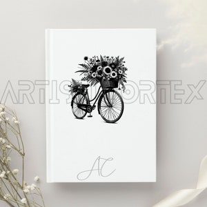 Puede incluir: Ilustraci&oacute;n en blanco y negro de una bicicleta con una cesta llena de flores. La bicicleta tiene un fondo blanco y las letras "AC" est&aacute;n escritas en gris debajo de la bicicleta.