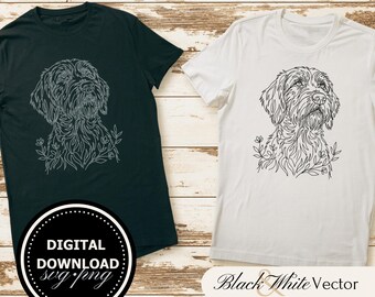 Wirehaired Pointing SVG Bundle, Griffon with Flowers PNG, Korthals Face Clipart, Hand drawn dog line art pictures for print and engraving