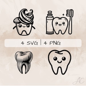 Paquete SVG de dientes, Diente con pasta de dientes PNG, Imágenes prediseñadas de cepillo de dientes, Imágenes de dientes dibujadas a mano para imprimir y grabar