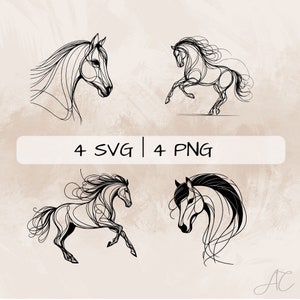 Op de afbeelding: Vier zwart-witte lijntekeningen van paarden. Twee van de paarden rennen en twee kijken naar de zijkant. De tekst "4 SVG | 4 PNG" staat bovenaan de afbeelding.