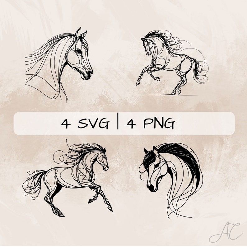 Op de afbeelding: Vier zwart-witte lijntekeningen van paarden. Twee van de paarden rennen en twee kijken naar de zijkant. De tekst "4 SVG | 4 PNG" staat bovenaan de afbeelding.