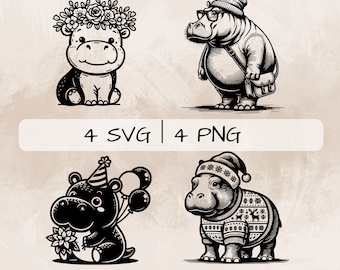 Hippopotamus SVG bundle, Birthday Hippo PNG, Floral Hippo Clipart, Hand drawn Hippopotamus pictures for print and engraving