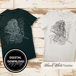 May include: Black and white vector illustration of a samurai warrior holding a sword. The image is on a white t-shirt and a black t-shirt. The text "Digital Download svg/png" is on the black t-shirt. The text "Black & White Vector" is on the white t-shirt.