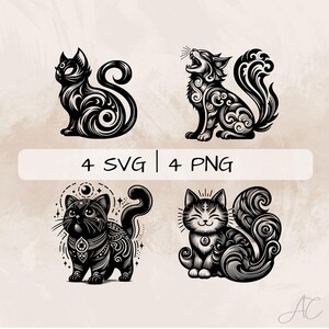 May include: Four black and white digital illustrations of cats with intricate swirling patterns. The cats are in various poses, including sitting, standing, and looking up. The illustrations are perfect for use in digital projects, such as website design, social media graphics, and printable art.