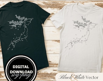 May include: Two t-shirts with a black and white outline of Japan with cherry blossoms. The text "Digital Download svg/png" is on the black t-shirt and "Black & White Vector" is on the white t-shirt.