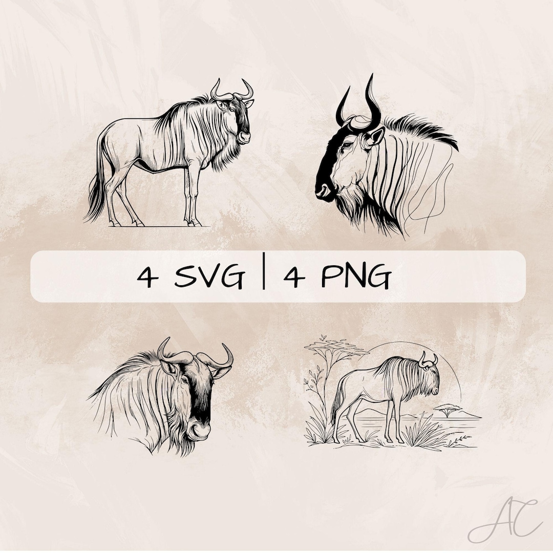 Wildebeest Vector Pattern Delicate Wildebeest SVG Bundle, Wildebeest Line Art PNG, Wildebeest ...